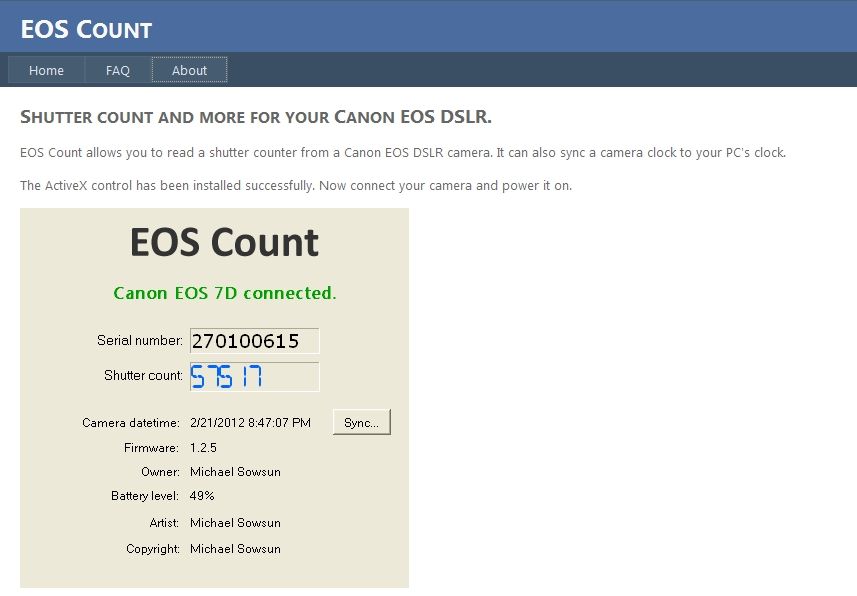 Connecting canon camera to eos count software